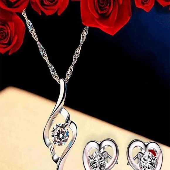 3pcs New Design Cubic Zirconia Decor Heart Shaped Necklace & Earrings Set, - Picture 2 of 7